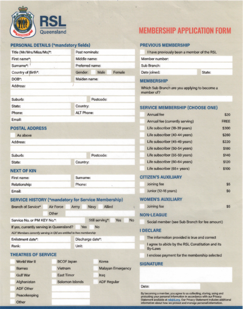 Image showing example RSL service form